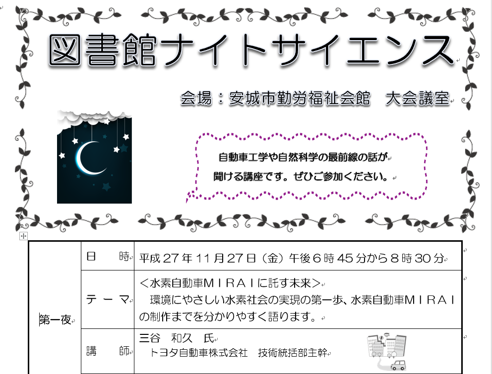 図書館ナイトサイエンス第一夜「水素自動車MIRAIに託す未来」